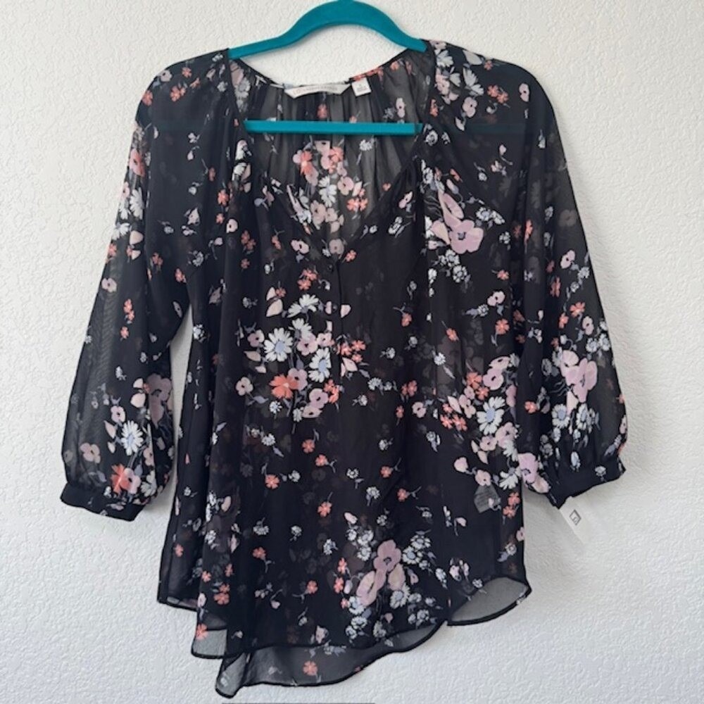 Lauren Conrad Black Floral Sheer Boho Peasant Blouse Women's Size S